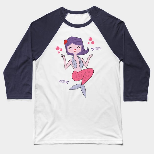 Cute Mid Century Modern Inspired Mermaid Drawing Baseball T-Shirt by MariOyama